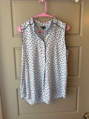 Ann Taylor Blue Sleeveless Polka Dot Blouse with Black Trim